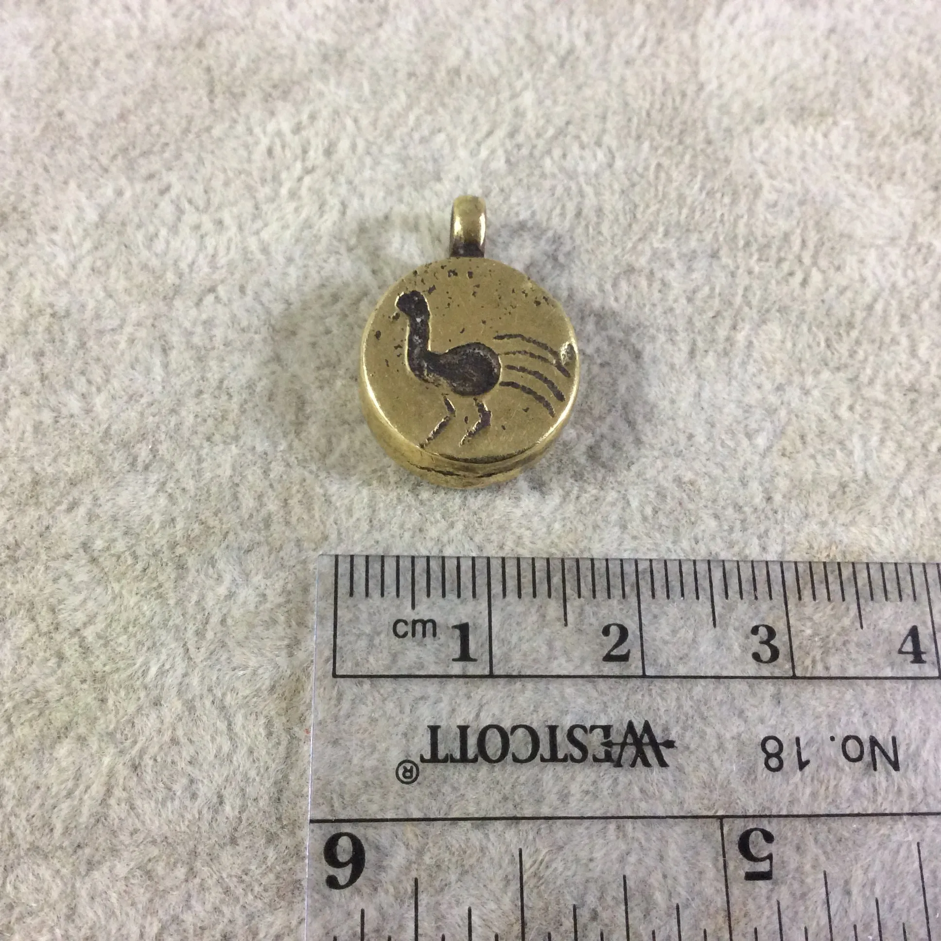 15mm x 15mm Oxidized Gold Plated Rustic Cast Small Peacock Icon Copper Round Shaped Pendant w/ Attached Ring  - Sold Individually (K-59)