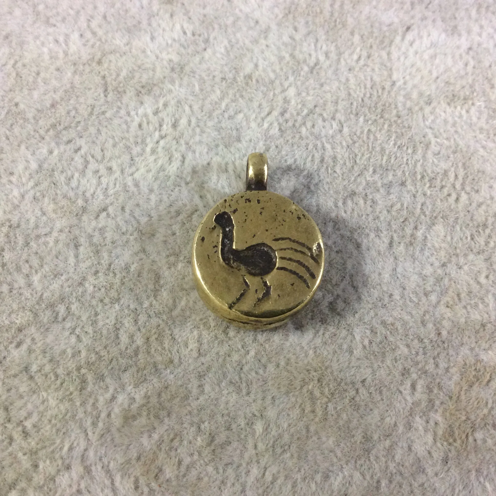 15mm x 15mm Oxidized Gold Plated Rustic Cast Small Peacock Icon Copper Round Shaped Pendant w/ Attached Ring  - Sold Individually (K-59)