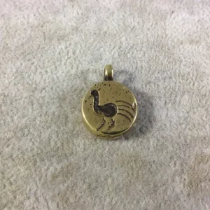 15mm x 15mm Oxidized Gold Plated Rustic Cast Small Peacock Icon Copper Round Shaped Pendant w/ Attached Ring  - Sold Individually (K-59)