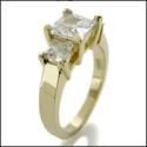1.75 Carat Princess Cubic Zirconia 3 Stone Ring Prong Set 14K Yellow Gold