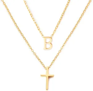 18k Gold Initial and Cross Layered Necklaces for Women Dainty Christian Jewelry Personalized Name Necklace Christian Gift for Her Friendship Elegant Gold Necklace for Women