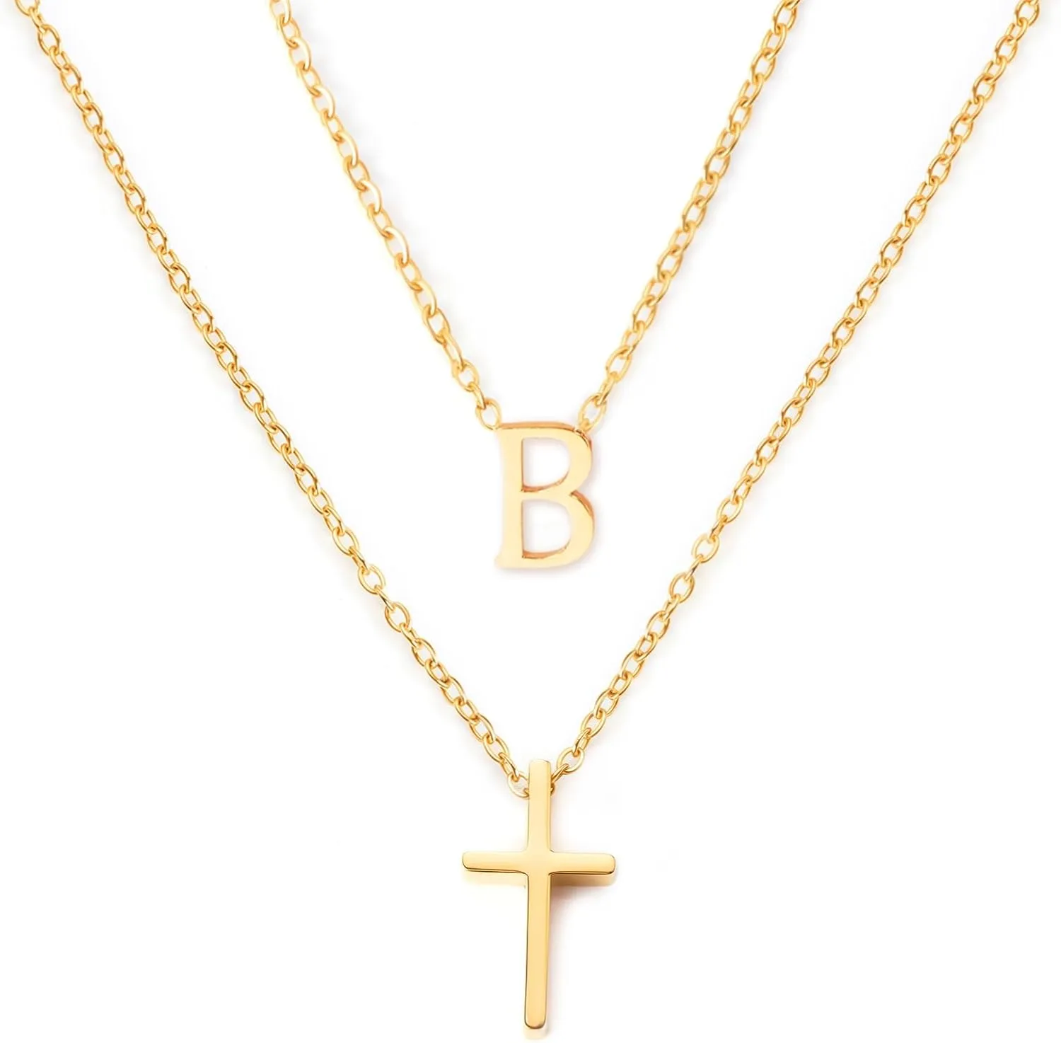 18k Gold Initial and Cross Layered Necklaces for Women Dainty Christian Jewelry Personalized Name Necklace Christian Gift for Her Friendship Elegant Gold Necklace for Women