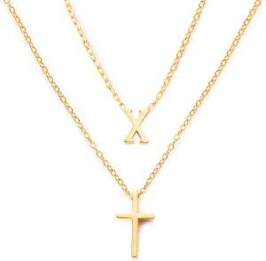 18k Gold Initial and Cross Layered Necklaces for Women Dainty Christian Jewelry Personalized Name Necklace Christian Gift for Her Friendship Elegant Gold Necklace for Women