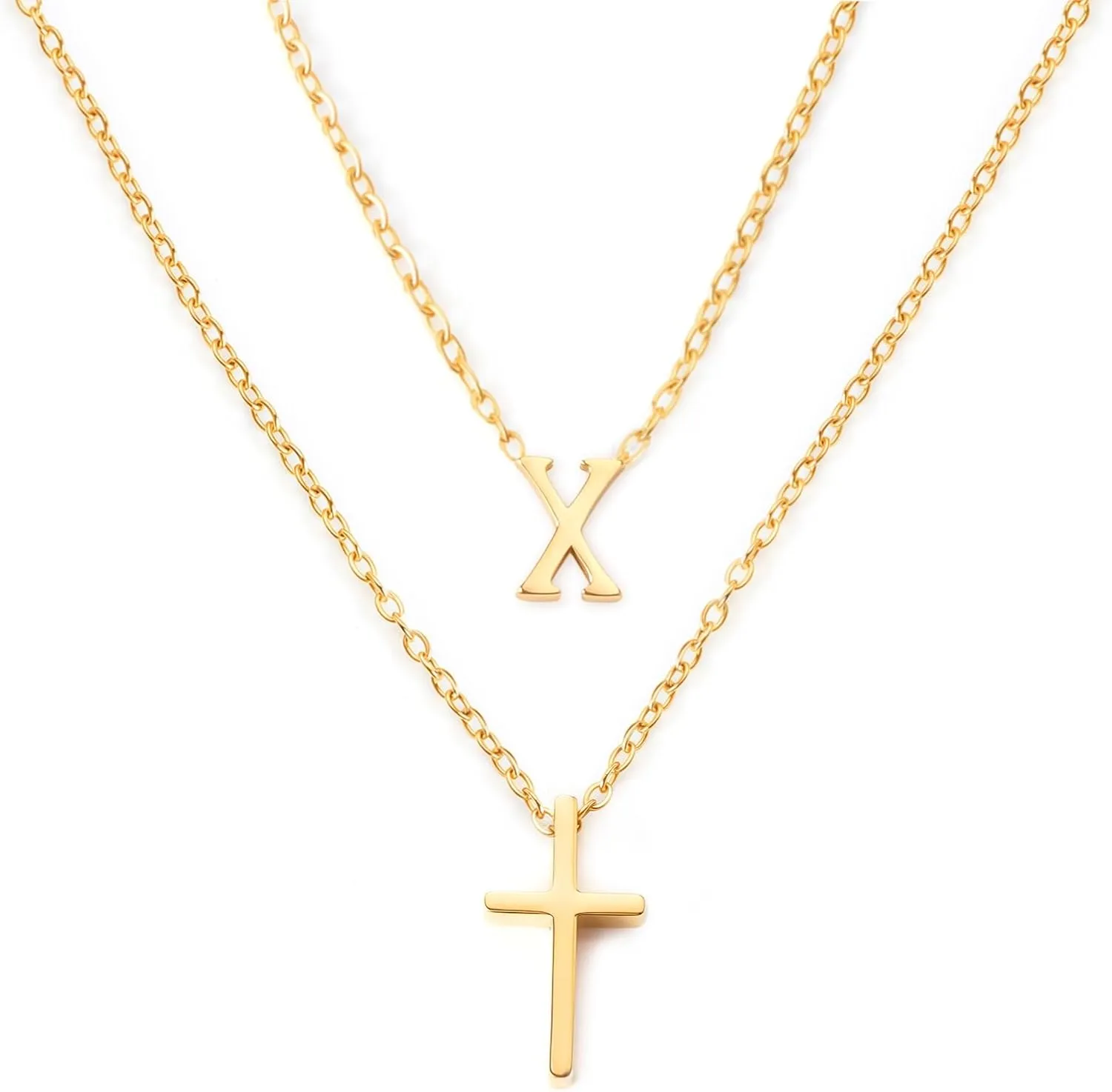 18k Gold Initial and Cross Layered Necklaces for Women Dainty Christian Jewelry Personalized Name Necklace Christian Gift for Her Friendship Elegant Gold Necklace for Women