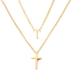 18k Gold Initial and Cross Layered Necklaces for Women Dainty Christian Jewelry Personalized Name Necklace Christian Gift for Her Friendship Elegant Gold Necklace for Women