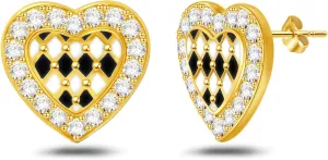 18K Gold Plated Sterling Sliver Heart-Shaped Checkerboard Stud Earrings for Women Hypoallergenic Cubic Zirconia Lightweight Charming Stud Earrings for Your Sensitive Ears