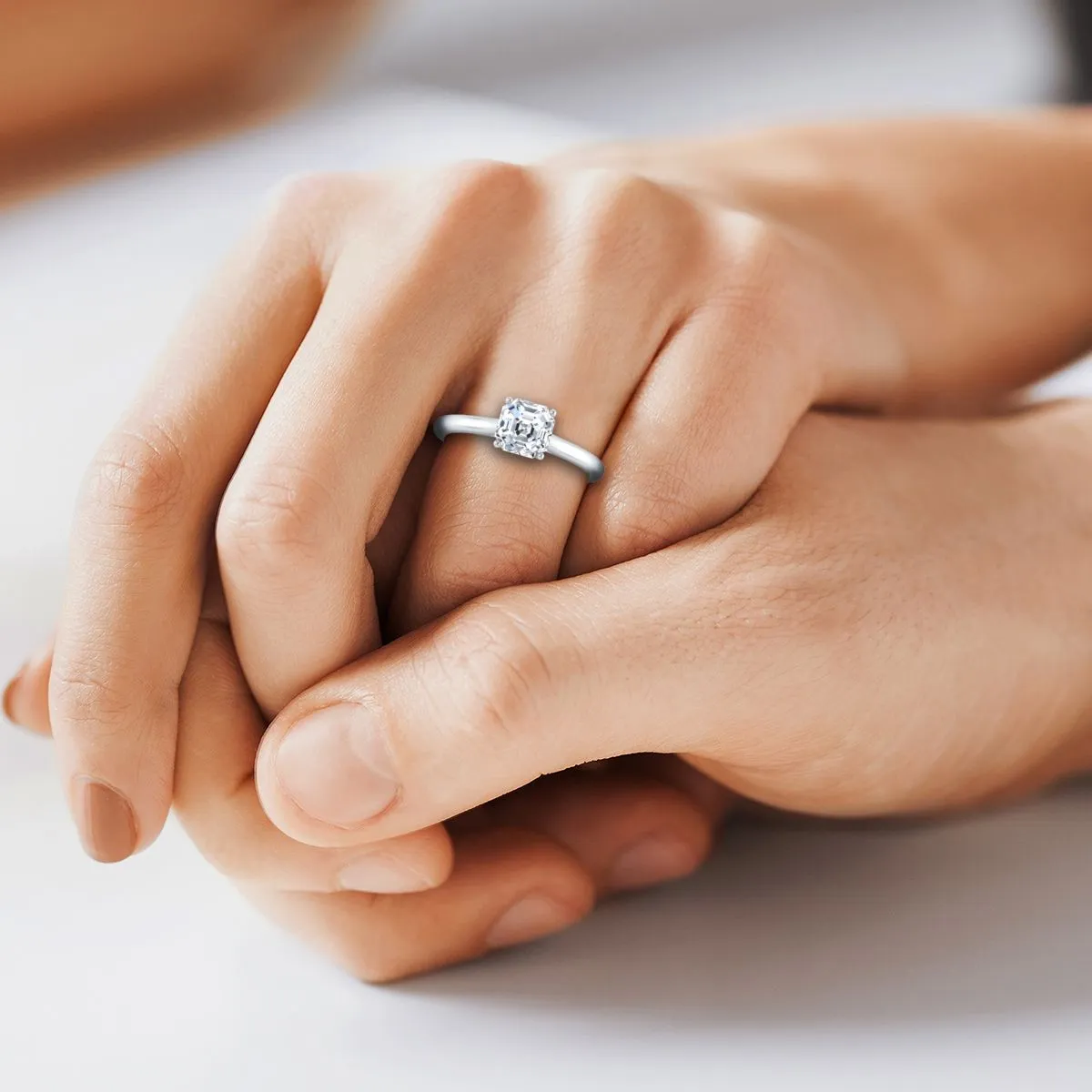 18K White Gold Asscher Cut  Pinched Comfort Fit Claw Prong Solitaire Engagement Ring
