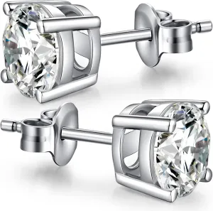 18K White Gold Plated Sparkling Simulated Diamond Studs Earrings s925 Sterling Silver Hypoallergenic Earring for Women Men 4mm-8mm
