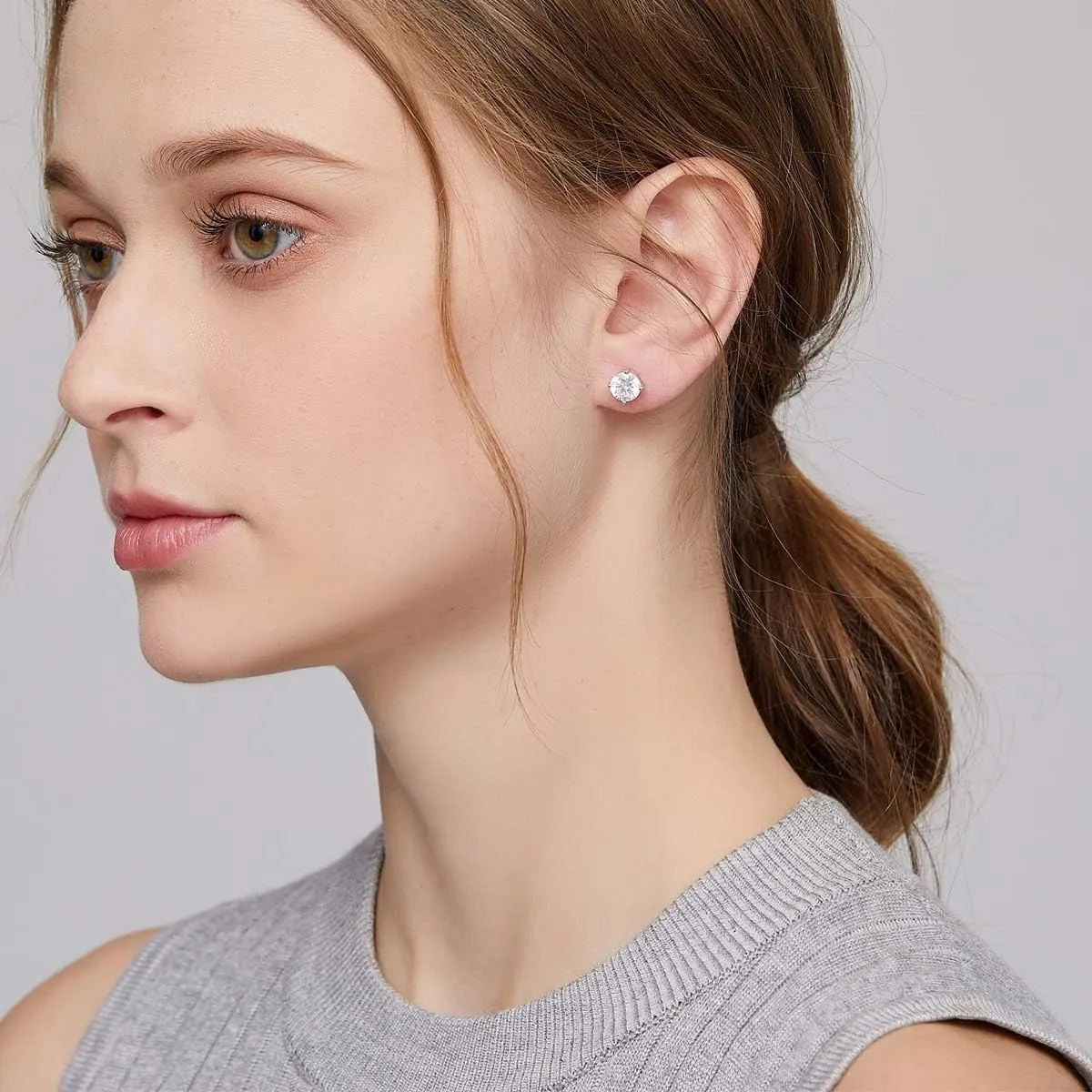 18K White Gold Plated Sparkling Simulated Diamond Studs Earrings s925 Sterling Silver Hypoallergenic Earring for Women Men 4mm-8mm