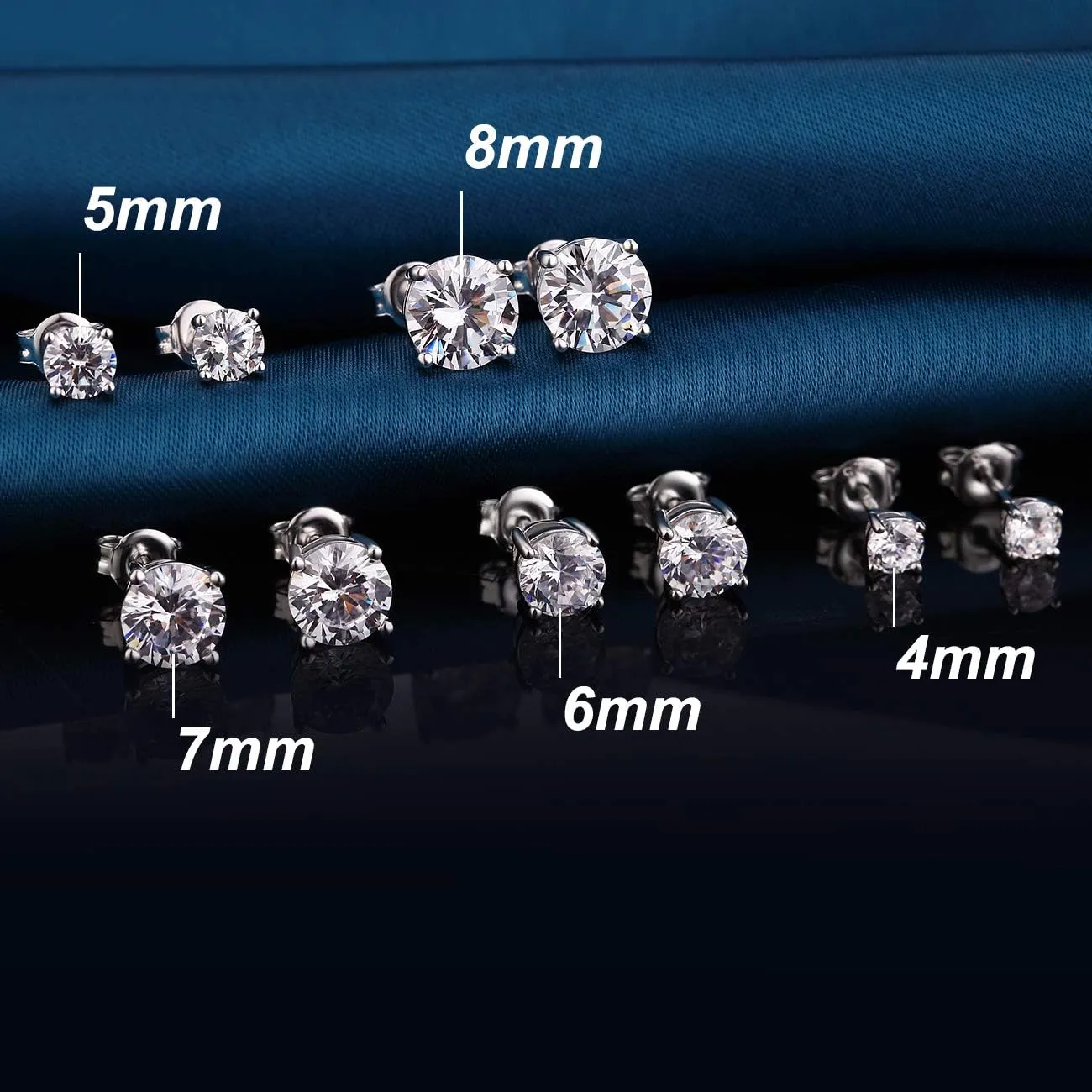 18K White Gold Plated Sparkling Simulated Diamond Studs Earrings s925 Sterling Silver Hypoallergenic Earring for Women Men 4mm-8mm