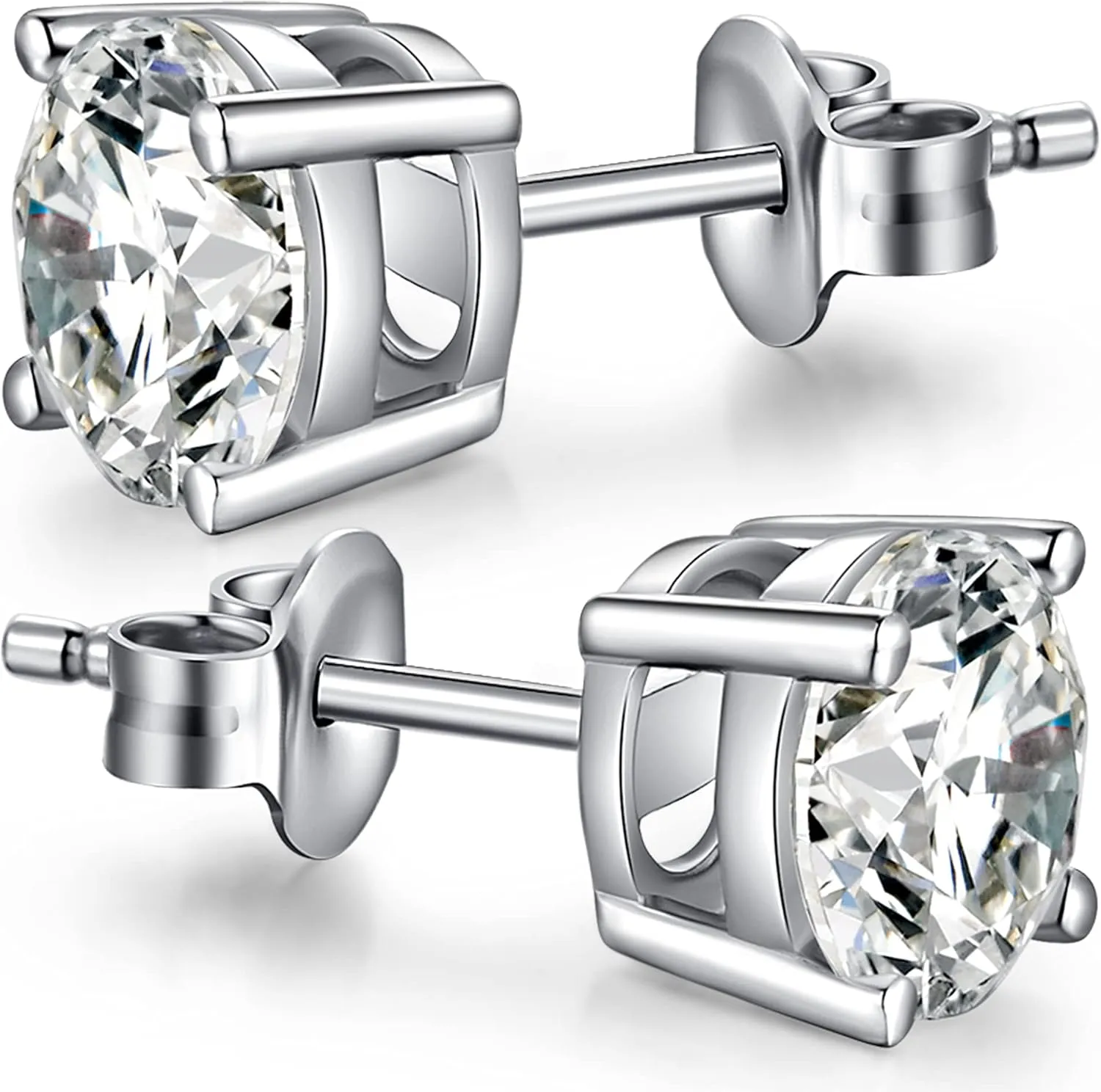18K White Gold Plated Sparkling Simulated Diamond Studs Earrings s925 Sterling Silver Hypoallergenic Earring for Women Men 4mm-8mm