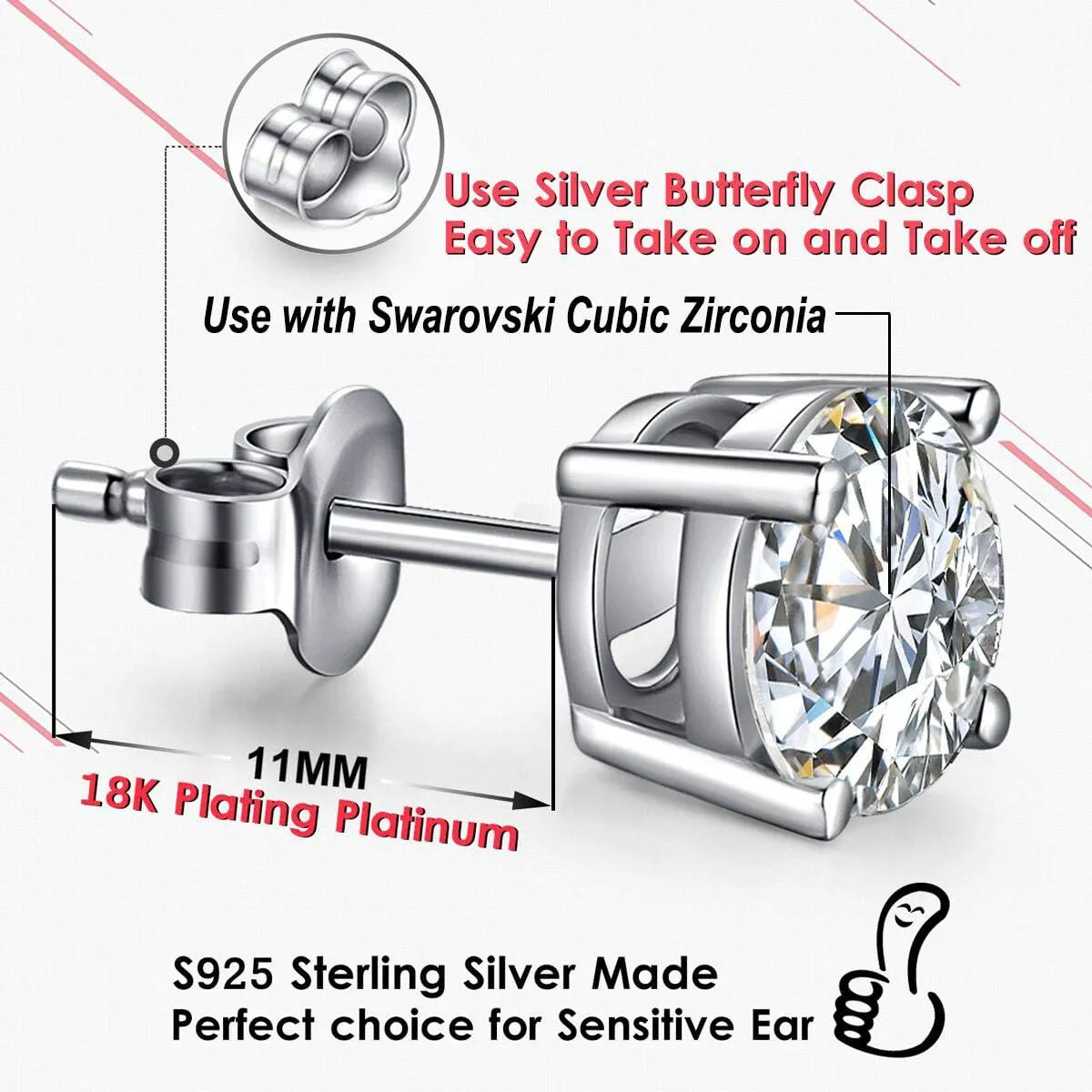 18K White Gold Plated Sparkling Simulated Diamond Studs Earrings s925 Sterling Silver Hypoallergenic Earring for Women Men 4mm-8mm