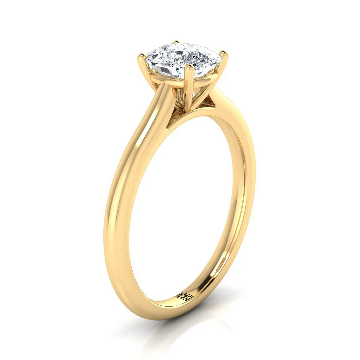 18K Yellow Gold Cushion  Pinched Comfort Fit Claw Prong Solitaire Engagement Ring