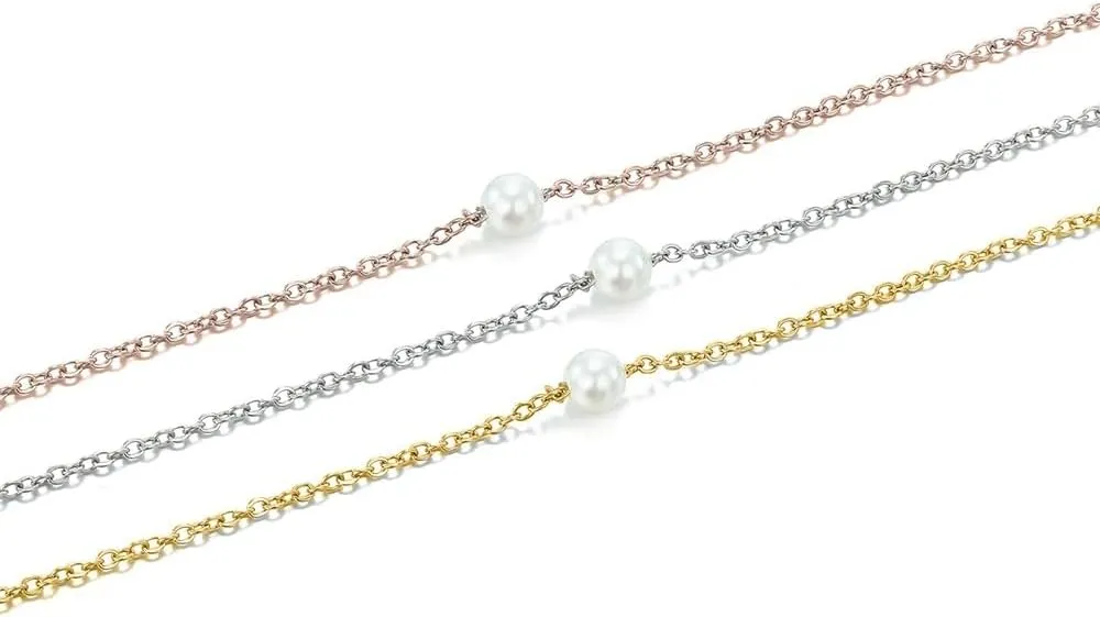 18k Yellow Gold Layered Imitated Pearl Drop Necklace for Women, 925 Sterling Silver Elegant Tiny Pearl Necklace - Dainty Floating Pearl Necklace, Pearl Station Necklace, Single Pearl Necklace