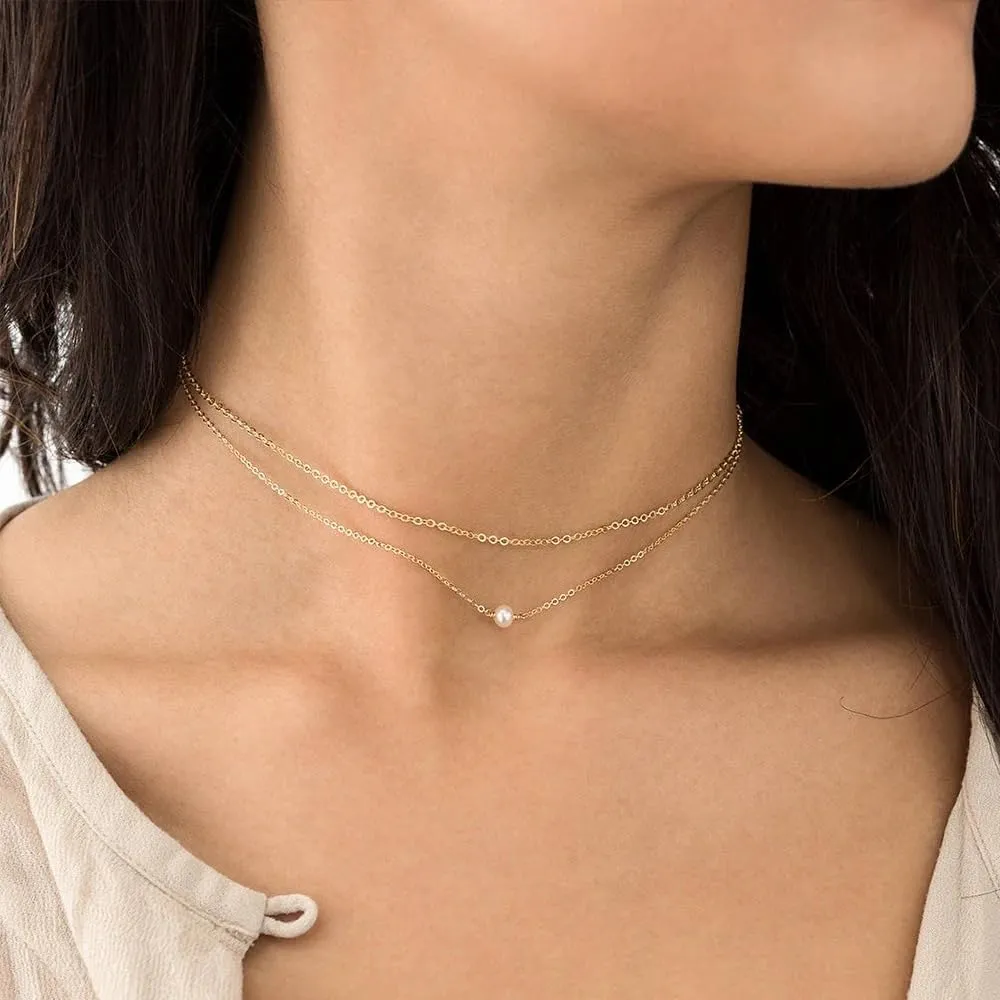 18k Yellow Gold Layered Imitated Pearl Drop Necklace for Women, 925 Sterling Silver Elegant Tiny Pearl Necklace - Dainty Floating Pearl Necklace, Pearl Station Necklace, Single Pearl Necklace