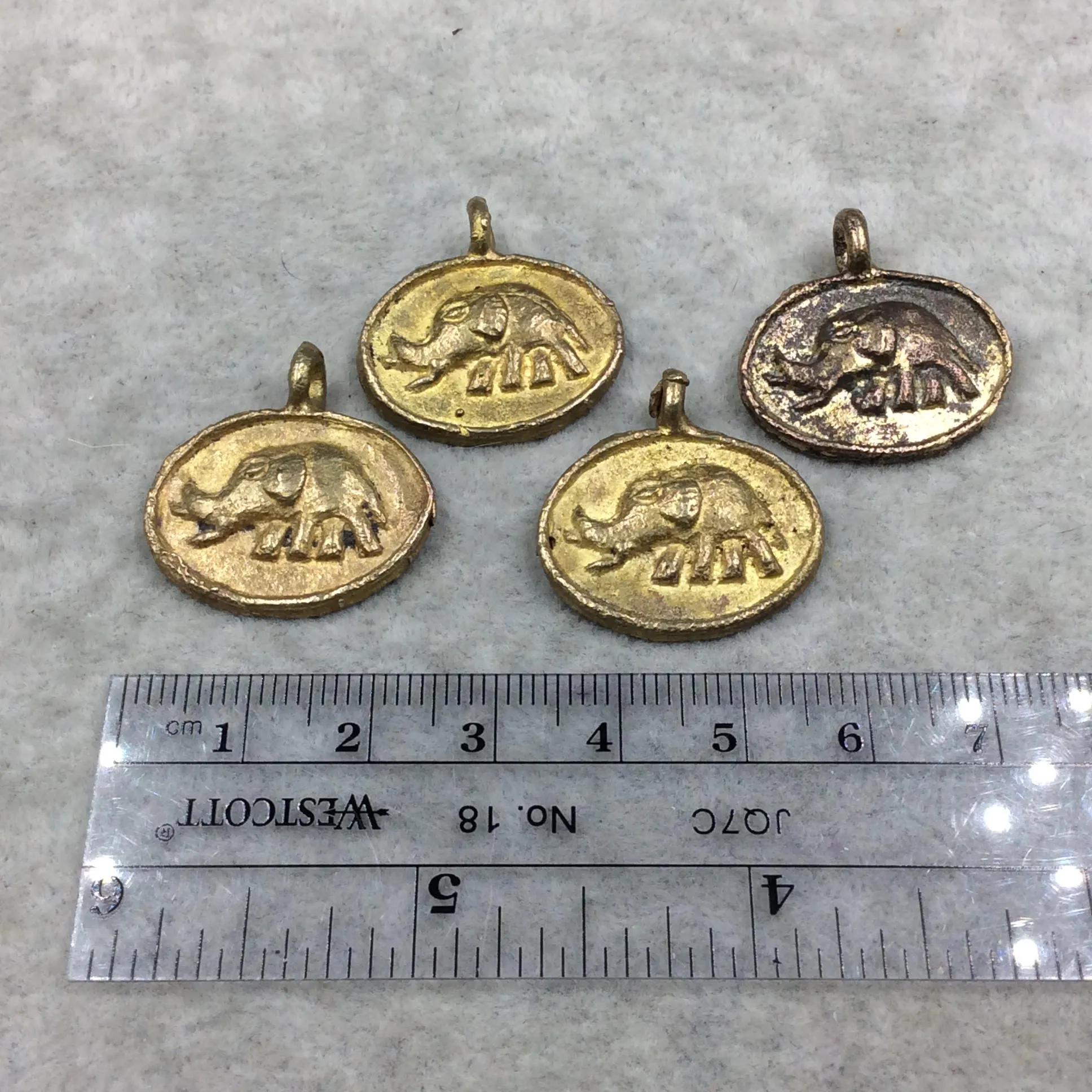 19mm x 23mm Hand Made Oxidized Copper/Brass Plated Very Rustic Oval Shape Elephant Pendant From Ghana W Attached Ring And Flat Back  -