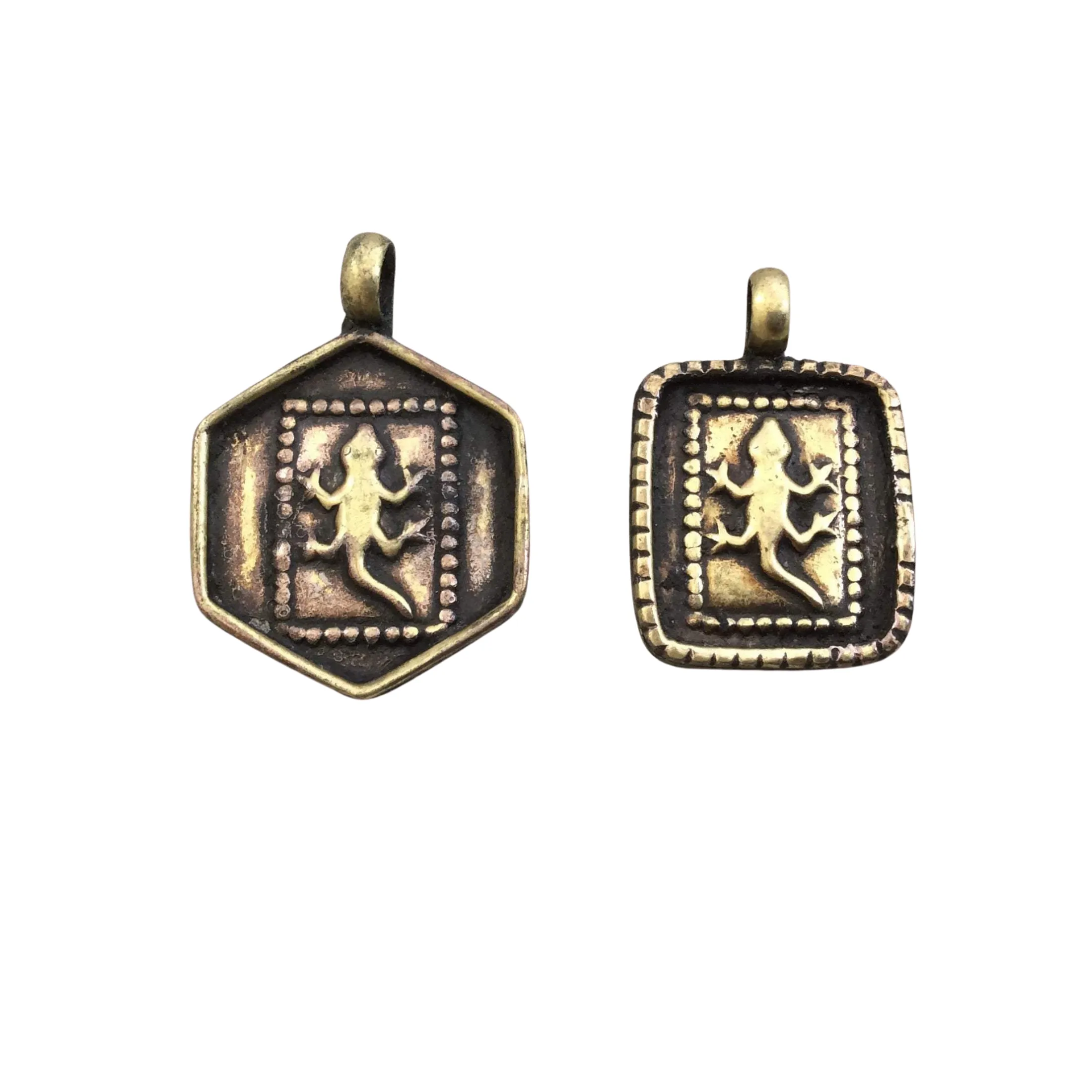 1" Oxidized Gold Plated Rustic Cast Lizard Icon Copper Rectangle or Hexagon Pendant with Attached Ring  - Two Sizes/Shapes Available!