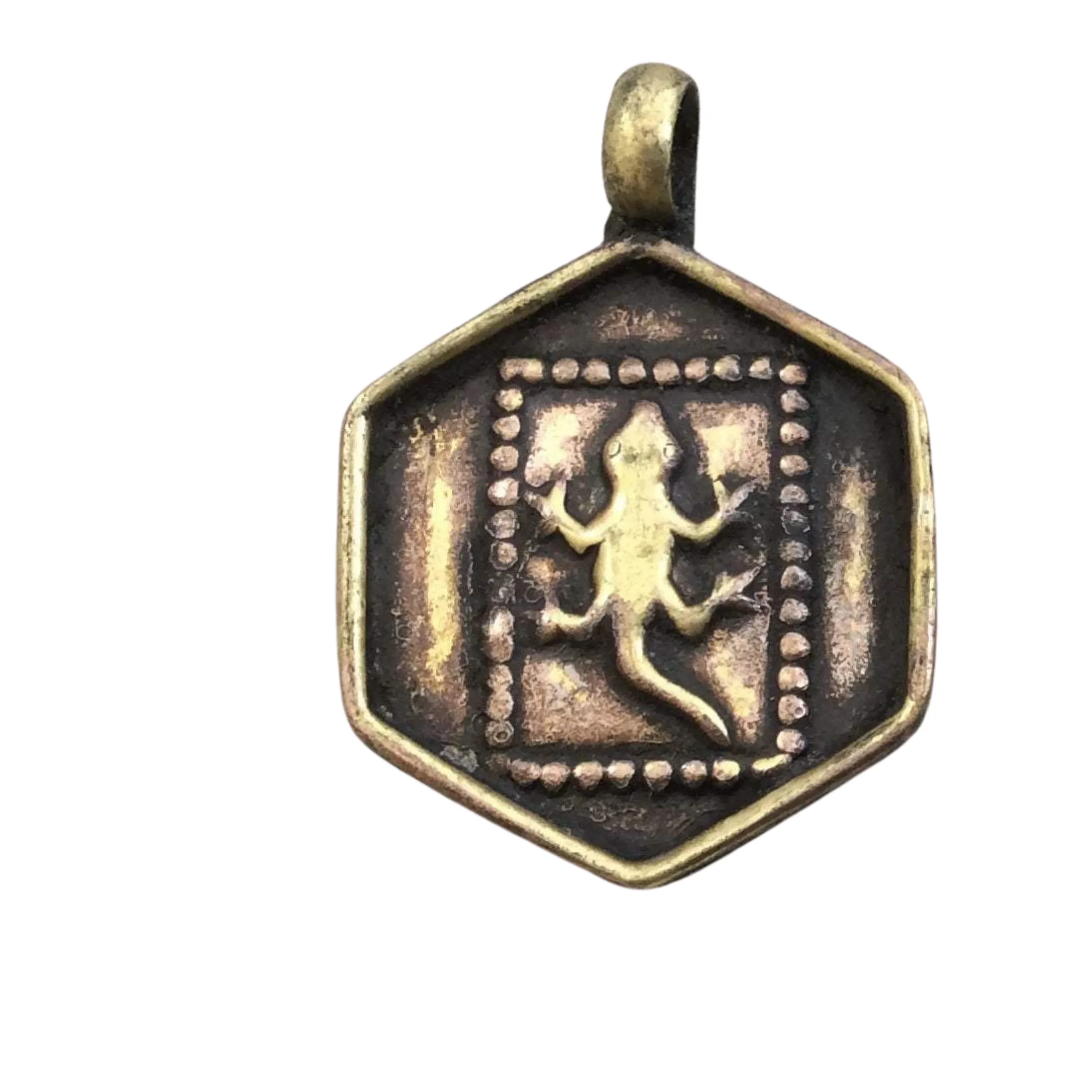 1" Oxidized Gold Plated Rustic Cast Lizard Icon Copper Rectangle or Hexagon Pendant with Attached Ring  - Two Sizes/Shapes Available!