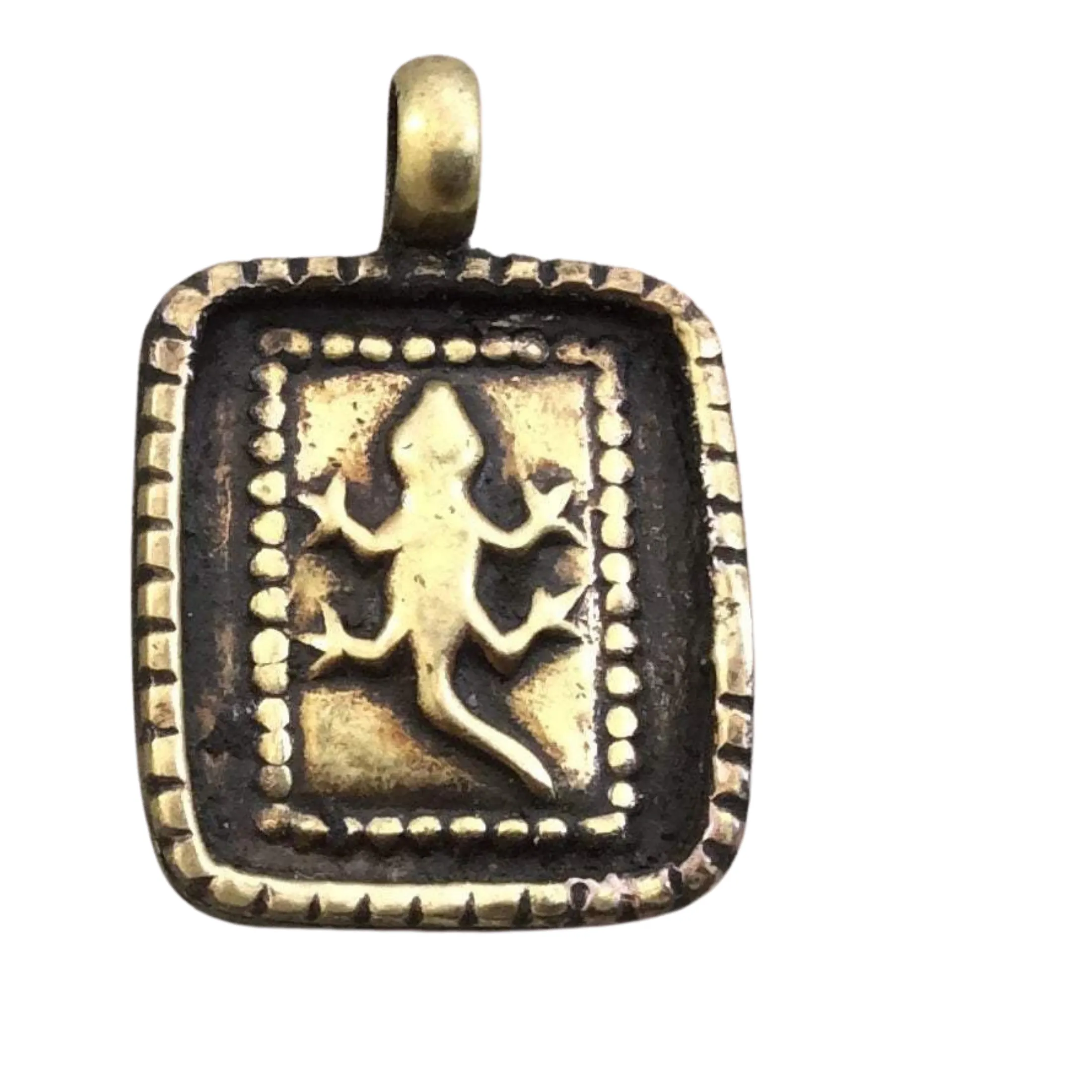 1" Oxidized Gold Plated Rustic Cast Lizard Icon Copper Rectangle or Hexagon Pendant with Attached Ring  - Two Sizes/Shapes Available!