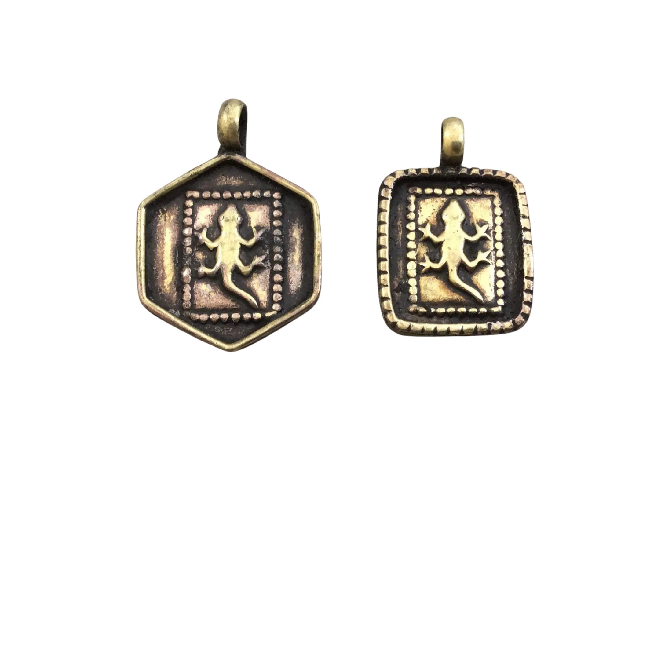 1" Oxidized Gold Plated Rustic Cast Lizard Icon Copper Rectangle or Hexagon Pendant with Attached Ring  - Two Sizes/Shapes Available!