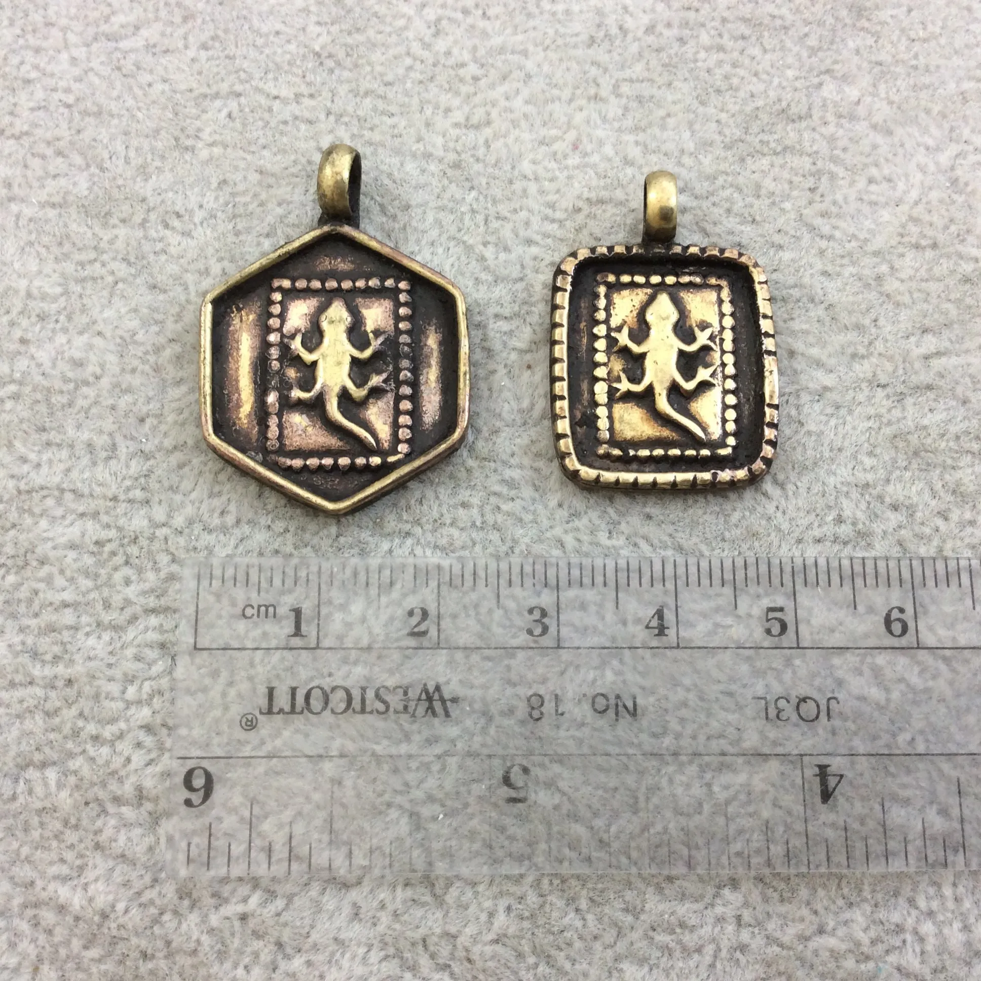1" Oxidized Gold Plated Rustic Cast Lizard Icon Copper Rectangle or Hexagon Pendant with Attached Ring  - Two Sizes/Shapes Available!