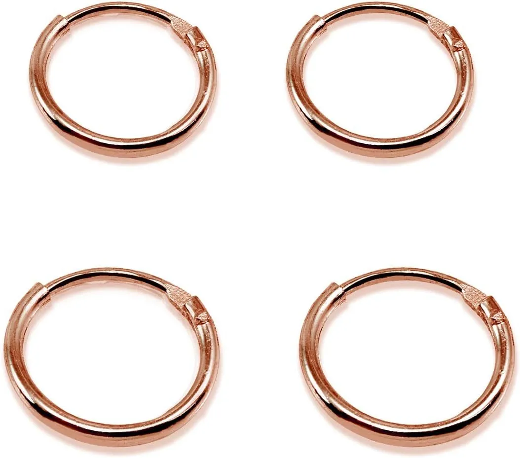 2 Pair Set Rose Gold Flash Sterling Silver 10mm & 12mm Tiny Small Lightweight Thin Round Continuous Endless Unisex Hoop Earrings
