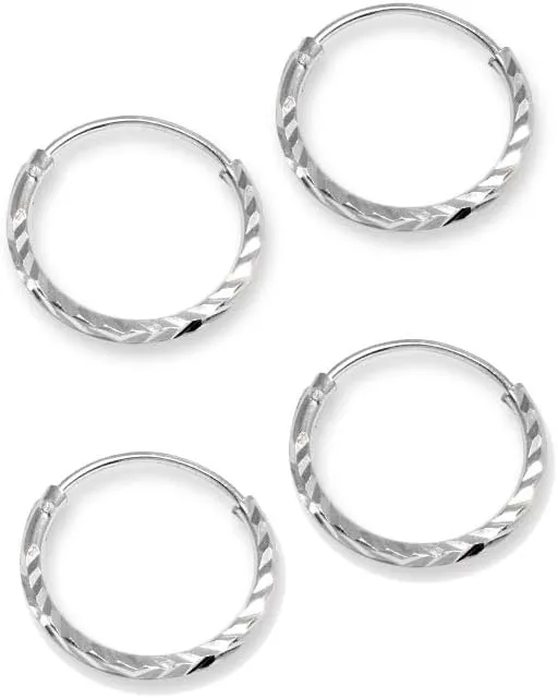 2 Pair Set Sterling Silver Diamond-Cut Tiny Small Endless Thin Round Unisex Hoop Earrings for Men Women Choose Size & Color