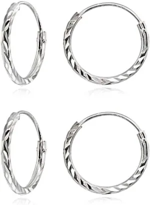 2 Pair Set Sterling Silver Diamond-Cut Tiny Small Endless Thin Round Unisex Hoop Earrings for Men Women Choose Size & Color