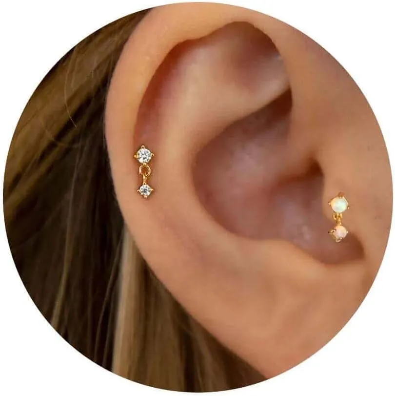 2 Pairs 20G/18G/16G Dainty Stud Earrings, Cubic Zirconia Screw Flat Back Drop Earrings & Tiny Birthstone Dangle Earrings