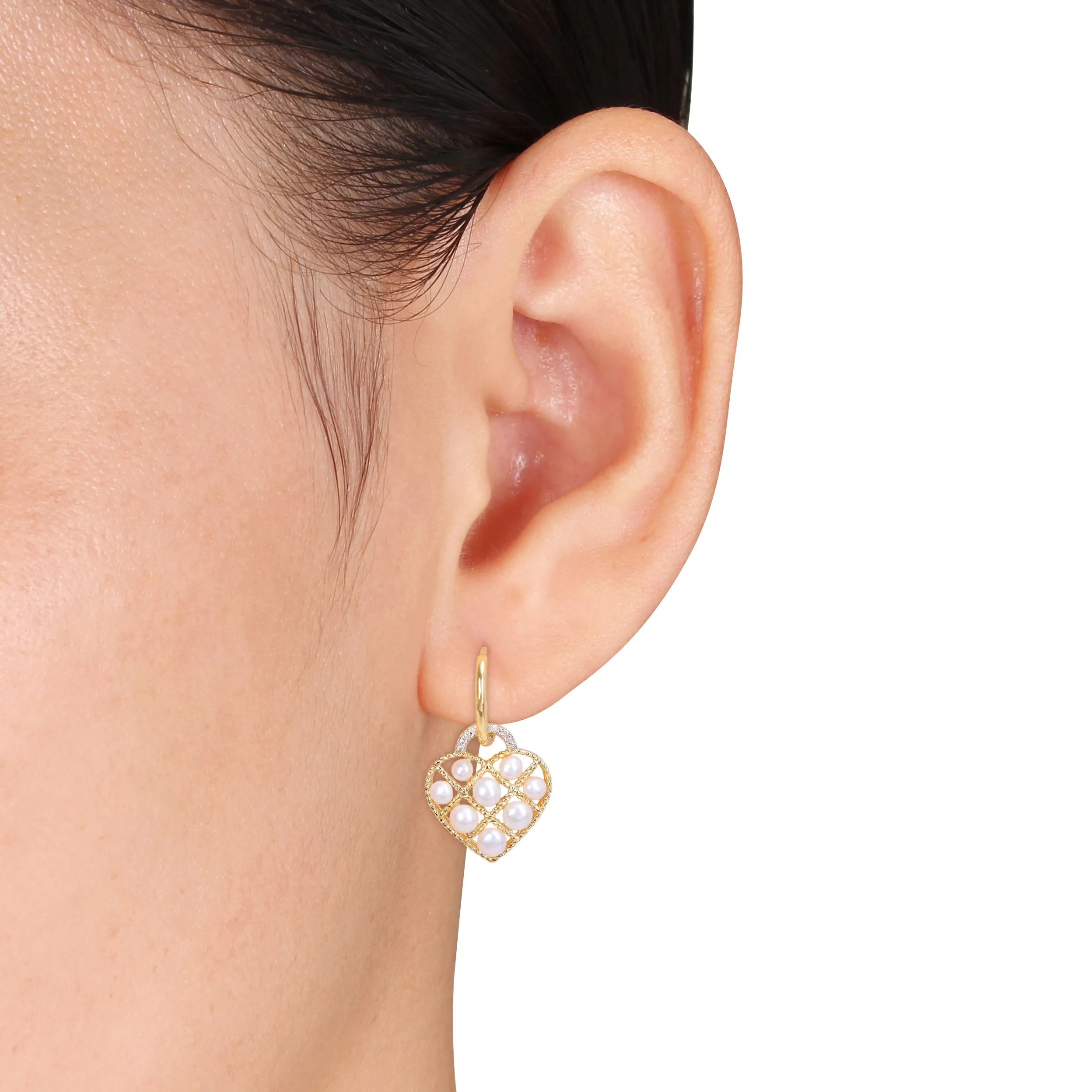 2.5-3 MM Cultured Freshwater Pearl and Diamond Accent Heart Hoop Earrings in Yellow Plated Sterling Silver