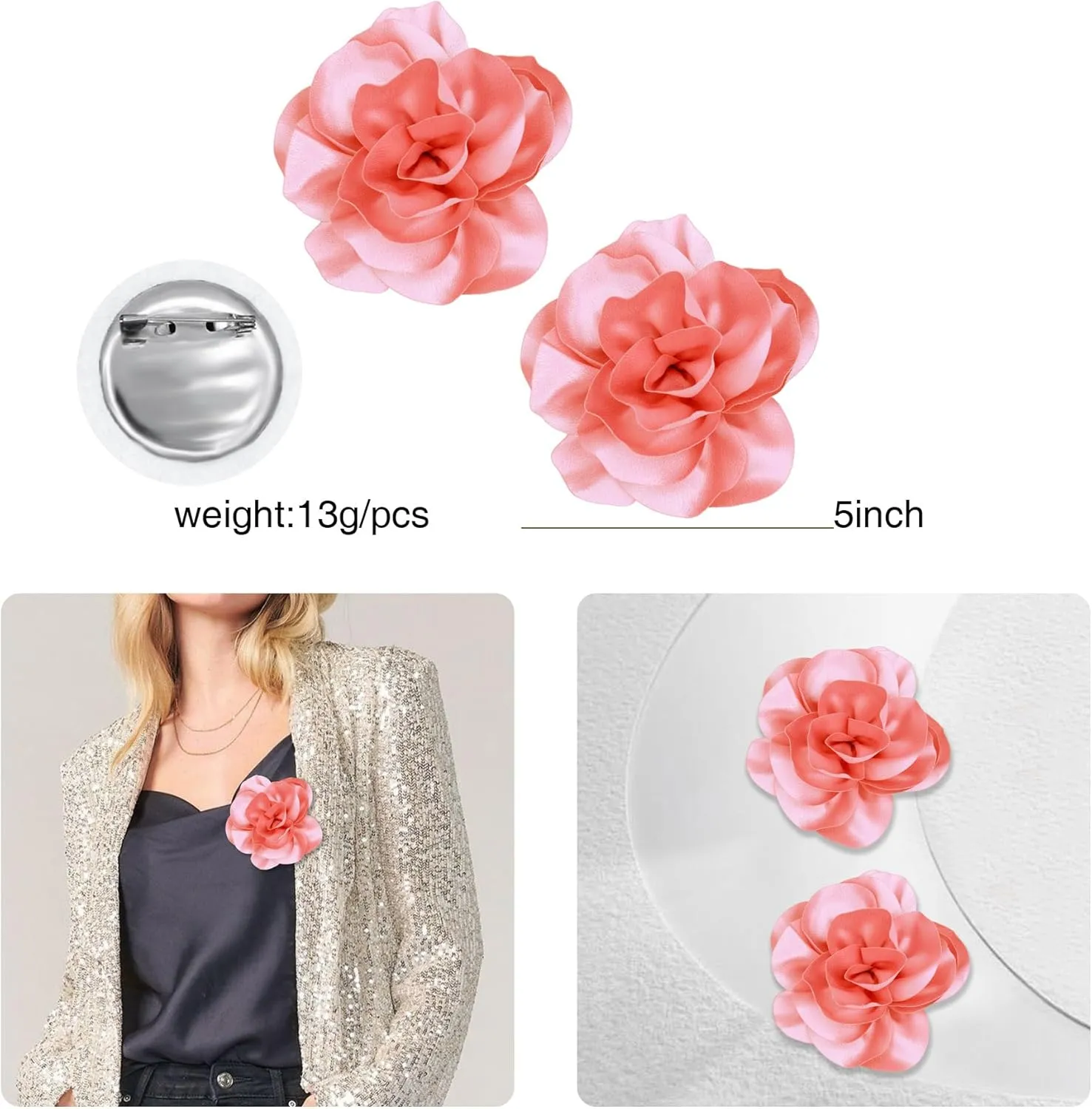 2Pcs 5in Dainty Satin Fabric Flower Brooch Extra Large Rose Camellia Flower Brooches Lapel Pins for Women Wedding Party Dance Banquet Clothes Jewelry Accessories