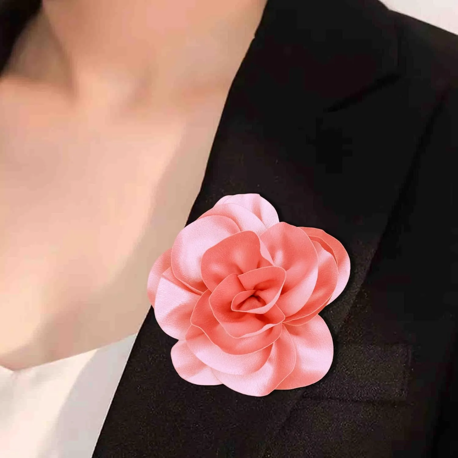 2Pcs 5in Dainty Satin Fabric Flower Brooch Extra Large Rose Camellia Flower Brooches Lapel Pins for Women Wedding Party Dance Banquet Clothes Jewelry Accessories
