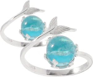 2pcs Adjustable Fish Tail Ring with Crystal Moonstone Unique Mermaid Ocean Jewelry for Women Elegant Knuckle Ring with Intricate Bubble Design Durable