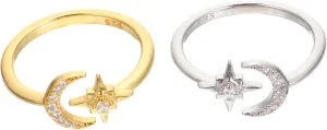 2Pcs Adjustable Star Moon Rings for Women Rhinestone Knuckle Jewelry Sterling Ladies Stackable Fashion Accessories