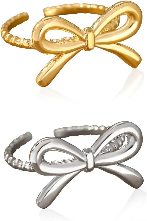 2pcs Cute Gold & Silver Bow Rings, Stainless Steel Stackable Rings for Women, Adjustable Open Rings