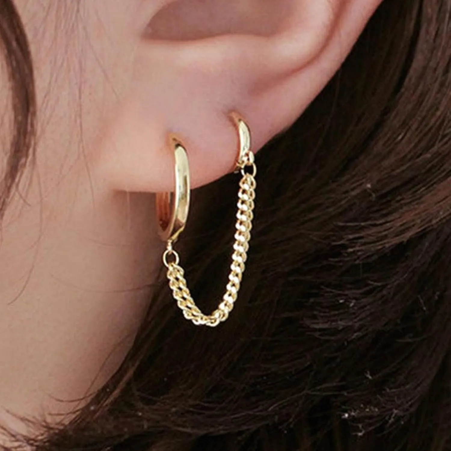 2pcs Double Hoop Earrings for Women Cuff Chain Huggie Earrings Chunky Piercing Earrings Silver Hoop Earrings Jewelry Gifts