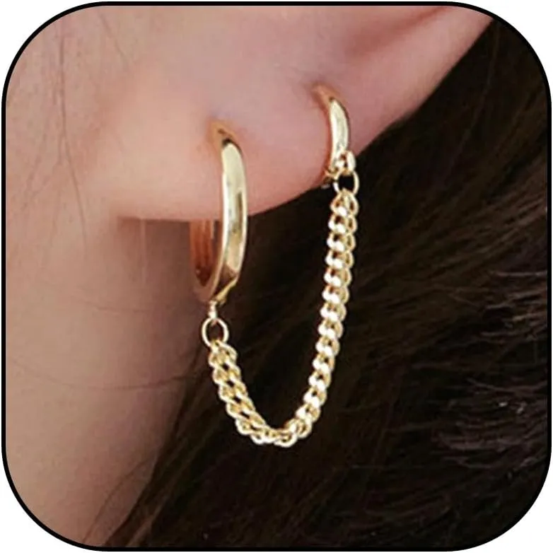 2pcs Double Hoop Earrings for Women Cuff Chain Huggie Earrings Chunky Piercing Earrings Silver Hoop Earrings Jewelry Gifts
