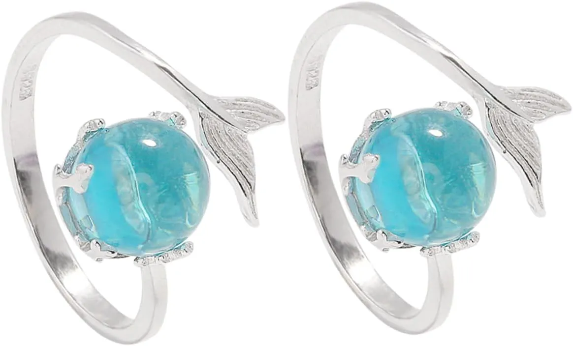 2pcs Mermaid Bubble Ring Fish Jewelry Open Band Adjustable Crystal Opal Ring for Women