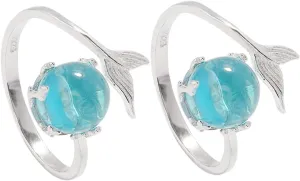 2pcs Mermaid Bubble Ring Fish Jewelry Open Band Adjustable Crystal Opal Ring for Women