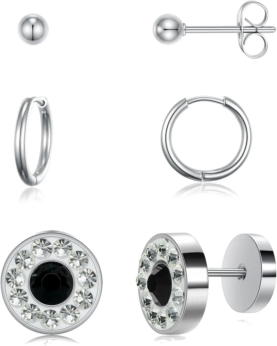 3 PackSurgical Stainless Steel Svrew back/Hoop/Stud Hypoallergenic Earrings Set for Women Men