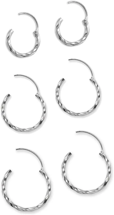 3 Pair Set Sterling Silver Twist Small Polished Round Unisex Endless Hoop Earrings, 12mm, 15mm, 18mm