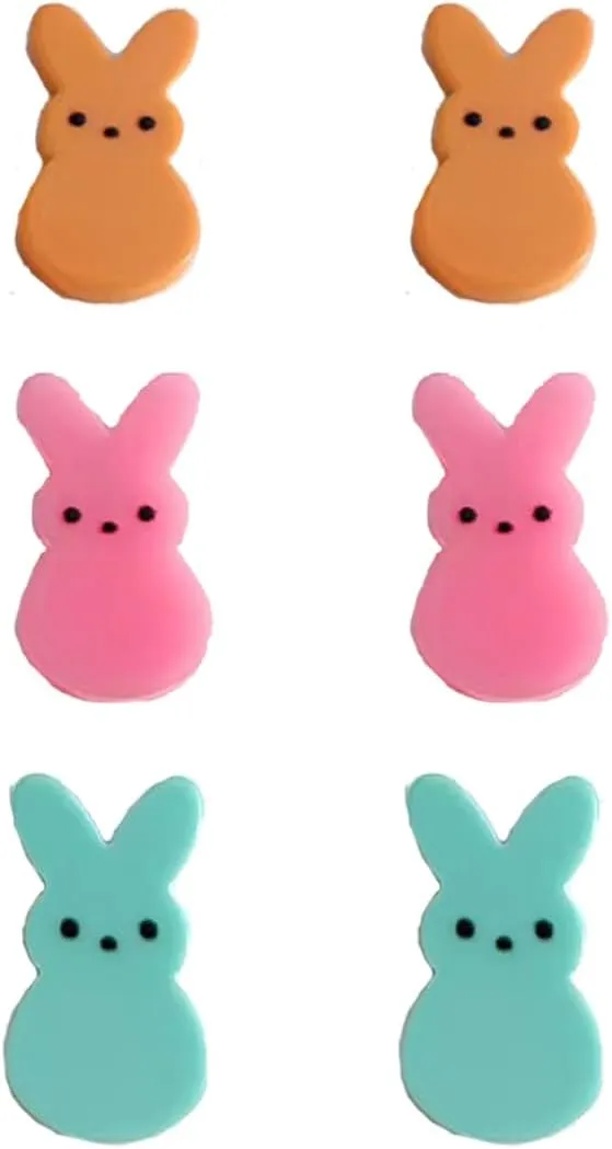 3 Pairs Easter Rabbit Earrings for Women Candy Color Bunny Stud Earring Glitter Easter Rabbit Earrings Rabbit Carrot Egg Earrings Spring Earring Easter Holiday Jewelry