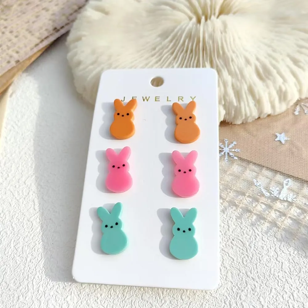3 Pairs Easter Rabbit Earrings for Women Candy Color Bunny Stud Earring Glitter Easter Rabbit Earrings Rabbit Carrot Egg Earrings Spring Earring Easter Holiday Jewelry