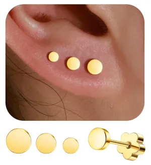 3 Pairs Flatback Stud Earrings for Women Girls Dot Cartilage Stud Earrings Set Screw Flower Back Nap Earrings Stainless Steel 14K Gold Earrings Gift for Women