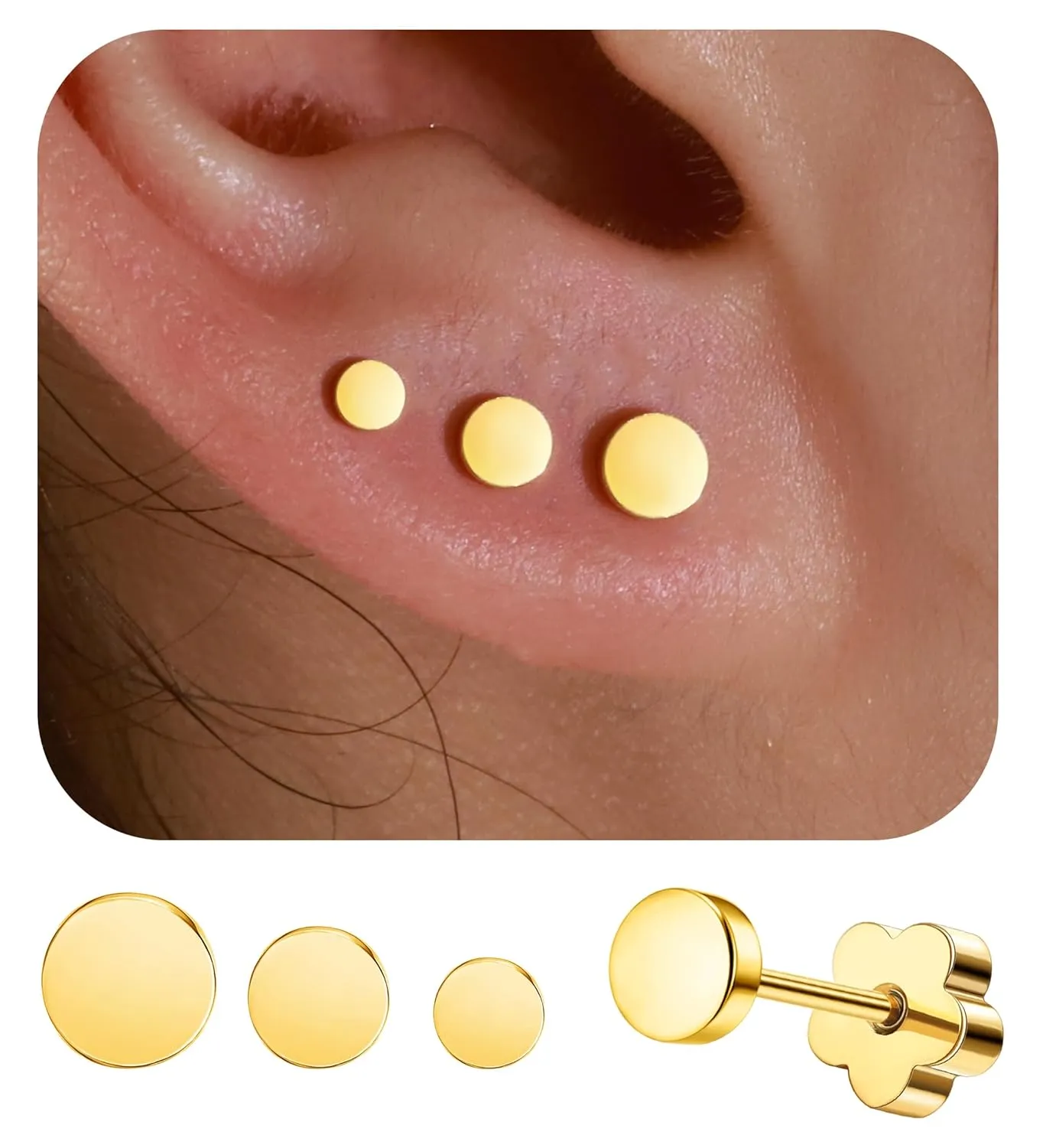 3 Pairs Flatback Stud Earrings for Women Girls Dot Cartilage Stud Earrings Set Screw Flower Back Nap Earrings Stainless Steel 14K Gold Earrings Gift for Women