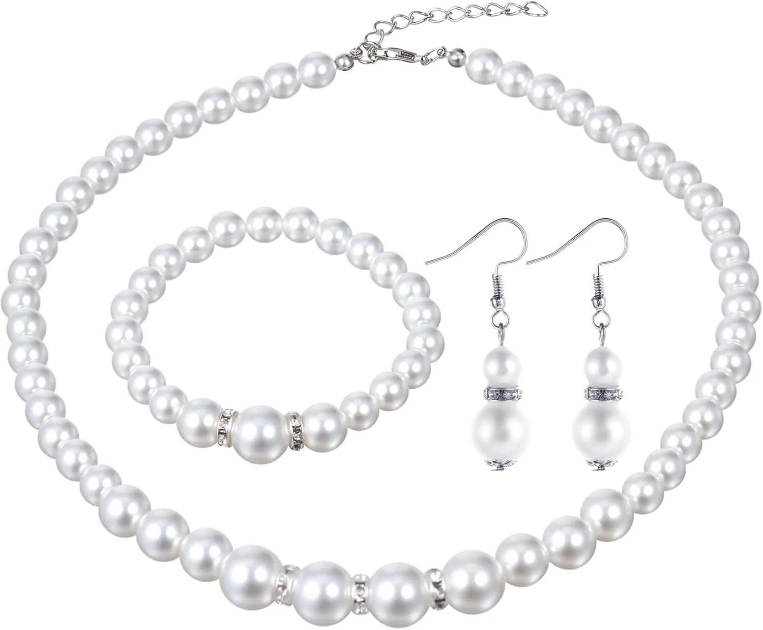 3 Pcs Pearl Necklace and Earring Bracelet Set,8mm Faux Pearl Jewelry Set for Women White Pearl Necklace for Women Best Gift For Birthday Valentine'S Day