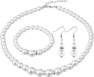 3 Pcs Pearl Necklace and Earring Bracelet Set,8mm Faux Pearl Jewelry Set for Women White Pearl Necklace for Women Best Gift For Birthday Valentine'S Day