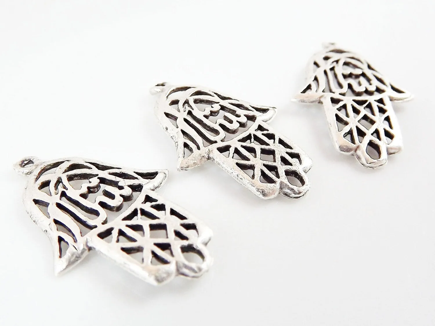 3 Rustic Fretwork Hand of Fatima Hamsa Pendant Charms - Matte Silver Plated