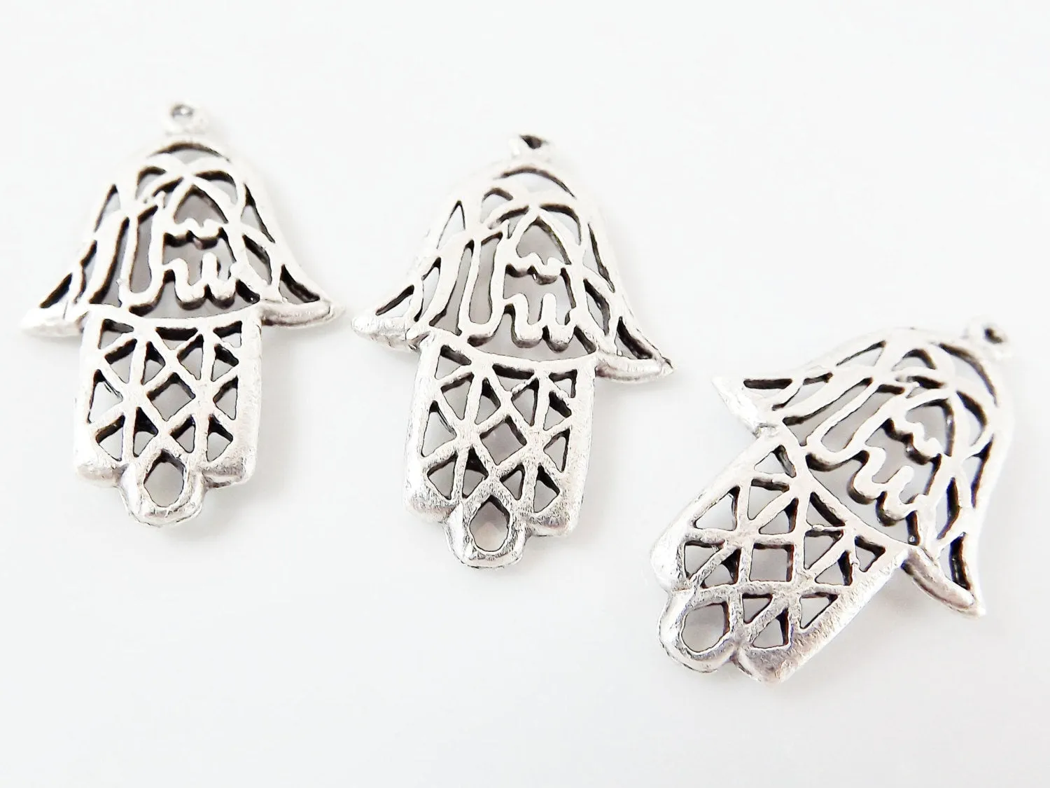 3 Rustic Fretwork Hand of Fatima Hamsa Pendant Charms - Matte Silver Plated