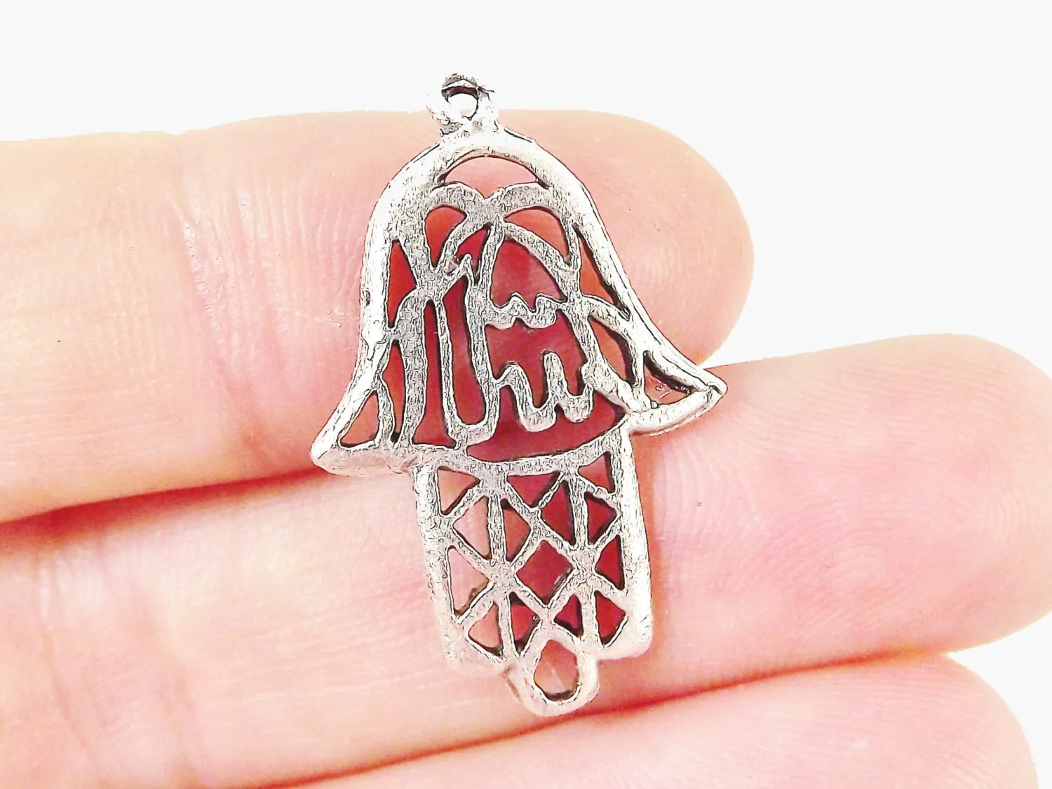 3 Rustic Fretwork Hand of Fatima Hamsa Pendant Charms - Matte Silver Plated